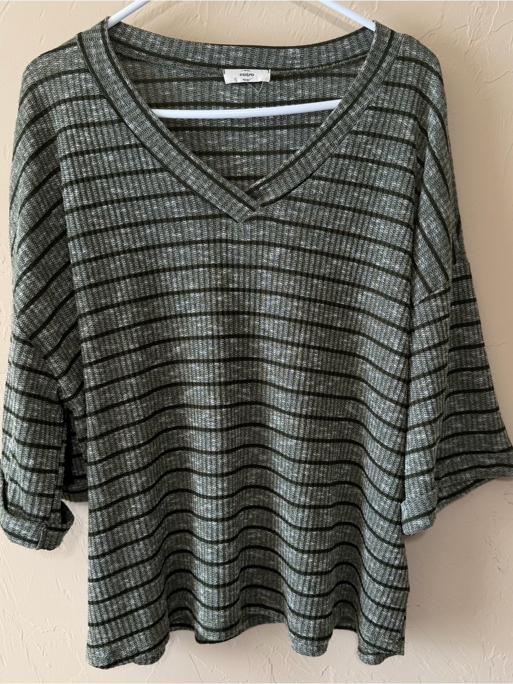 entro Olive & Black Striped V-Neck Knit Top